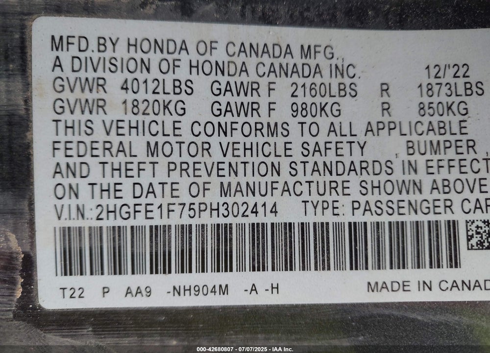 2023 HONDA CIVIC VIN: 2HGFE1F75PH302414