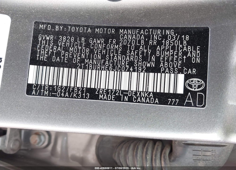 2018 TOYOTA COROLLA VIN: 2T1BURHE6JC074192