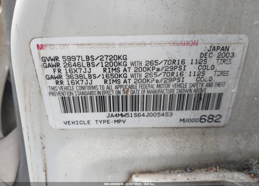 2004 MITSUBISHI MONTERO XLS VIN: JA4MW51S64J005453