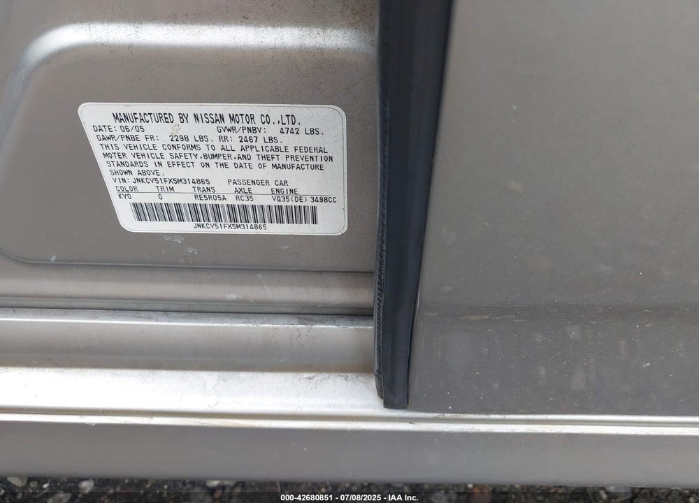 2005 INFINITI G35X VIN: JNKCV51FX5M314865