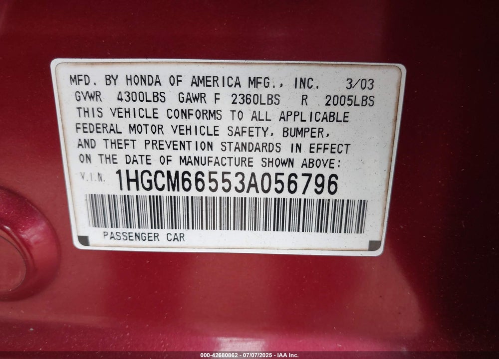 2003 HONDA ACCORD 3.0 EX VIN: 1HGCM66553A056796