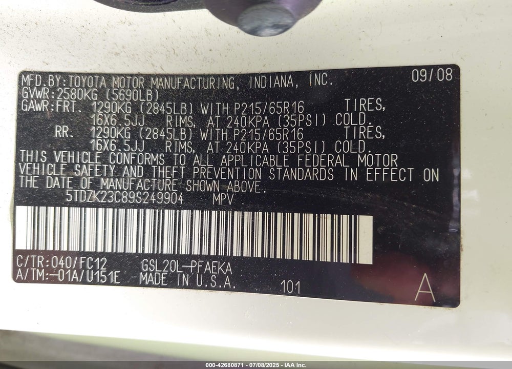 2009 TOYOTA SIENNA LE VIN: 5TDZK23C89S249904