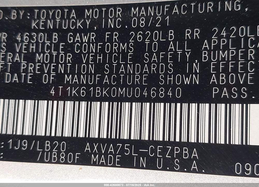2021 TOYOTA CAMRY VIN: 4T1K61BK0MU046840
