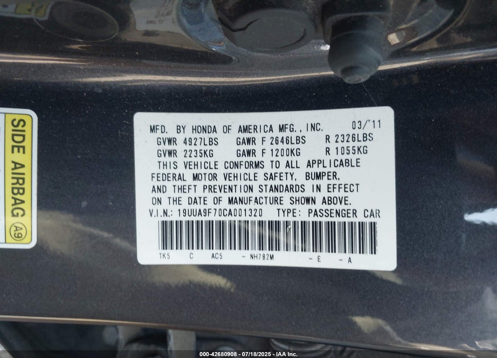 2012 ACURA TL 3.7 VIN: 19UUA9F70CA001320