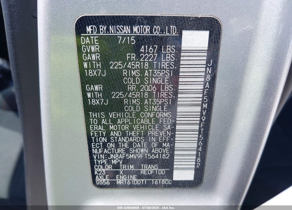 2015 NISSAN JUKE VIN: JN8AF5MV9FT564182
