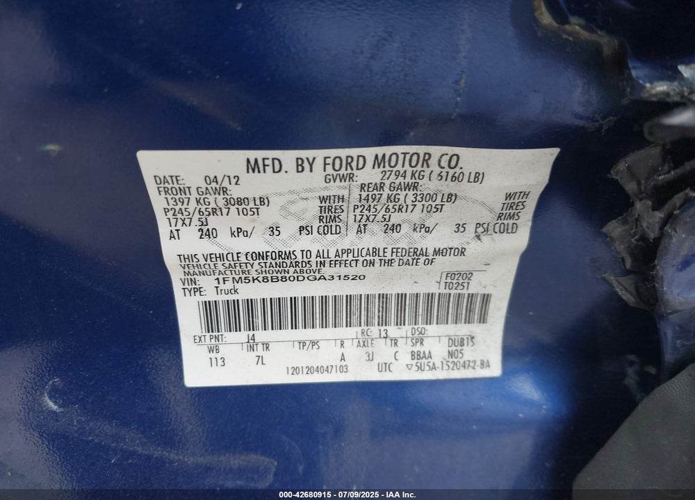 2013 FORD EXPLORER VIN: 1FM5K8B80DGA31520