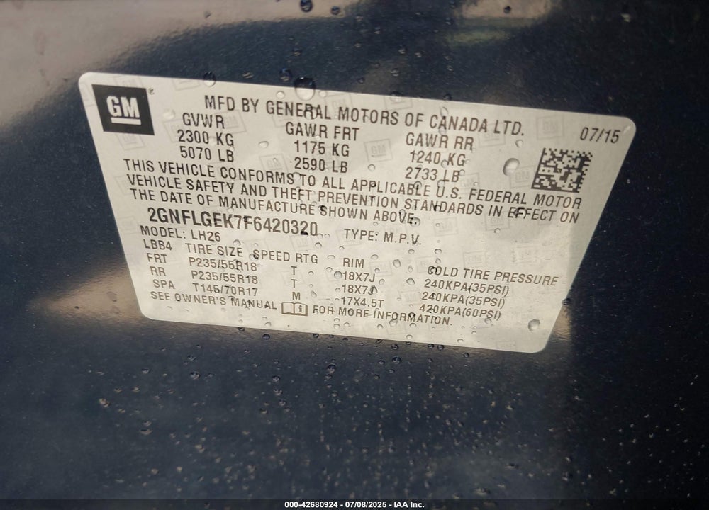 2015 CHEVROLET EQUINOX VIN: 2GNFLGEK7F6420320
