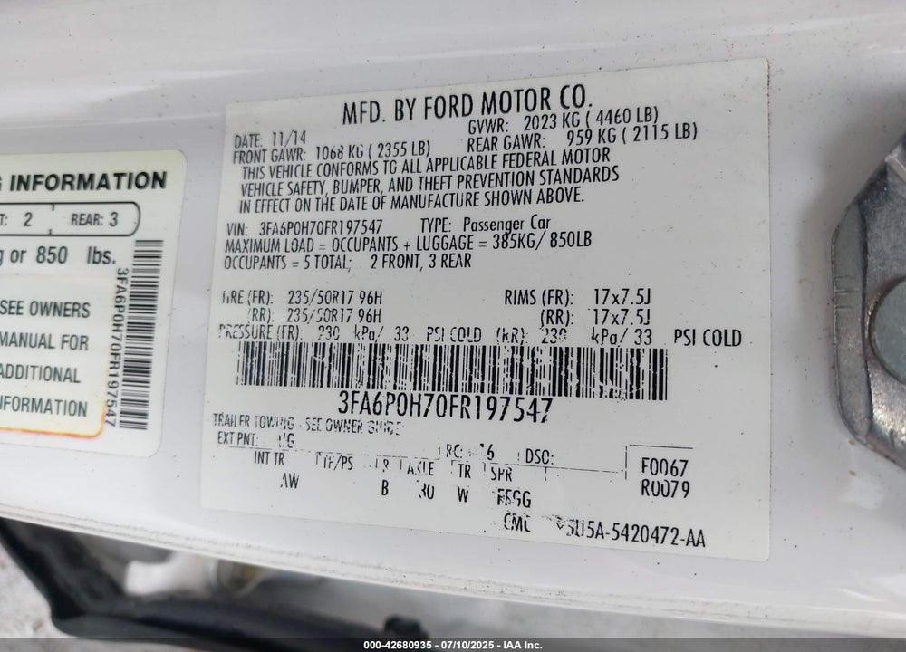 2015 FORD FUSION SE VIN: 3FA6P0H70FR197547