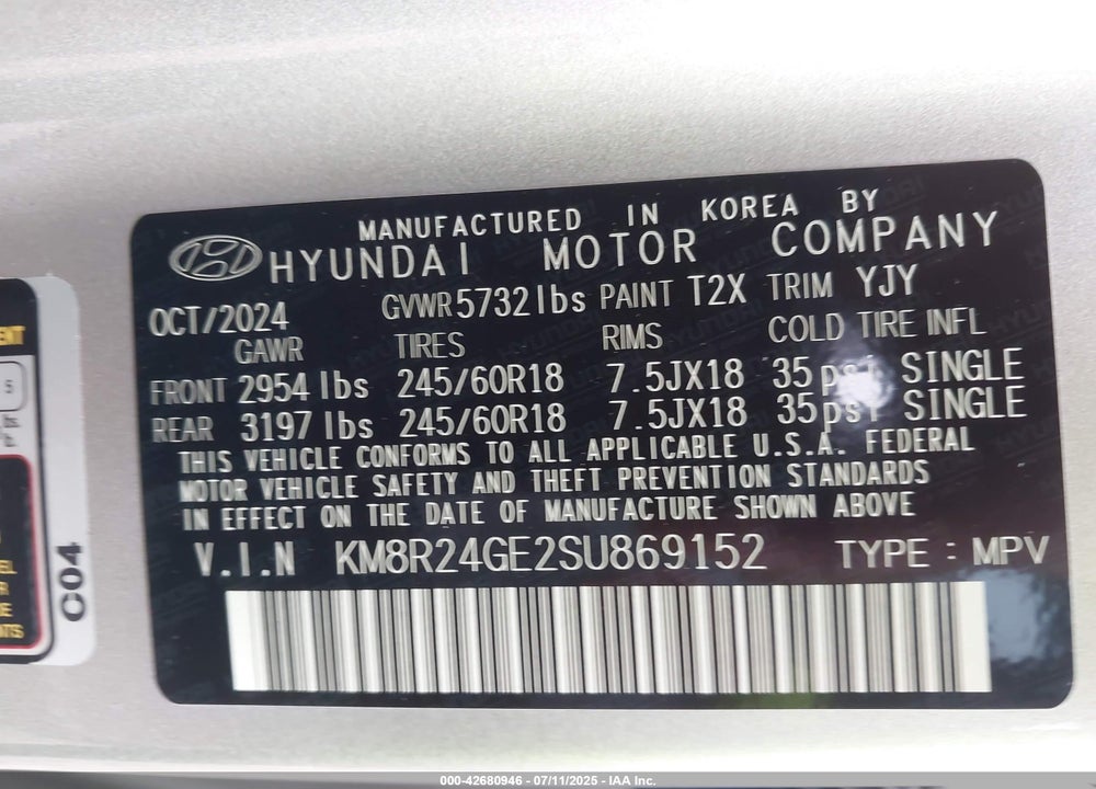 2025 HYUNDAI PALISADE SEL VIN: KM8R24GE2SU869152