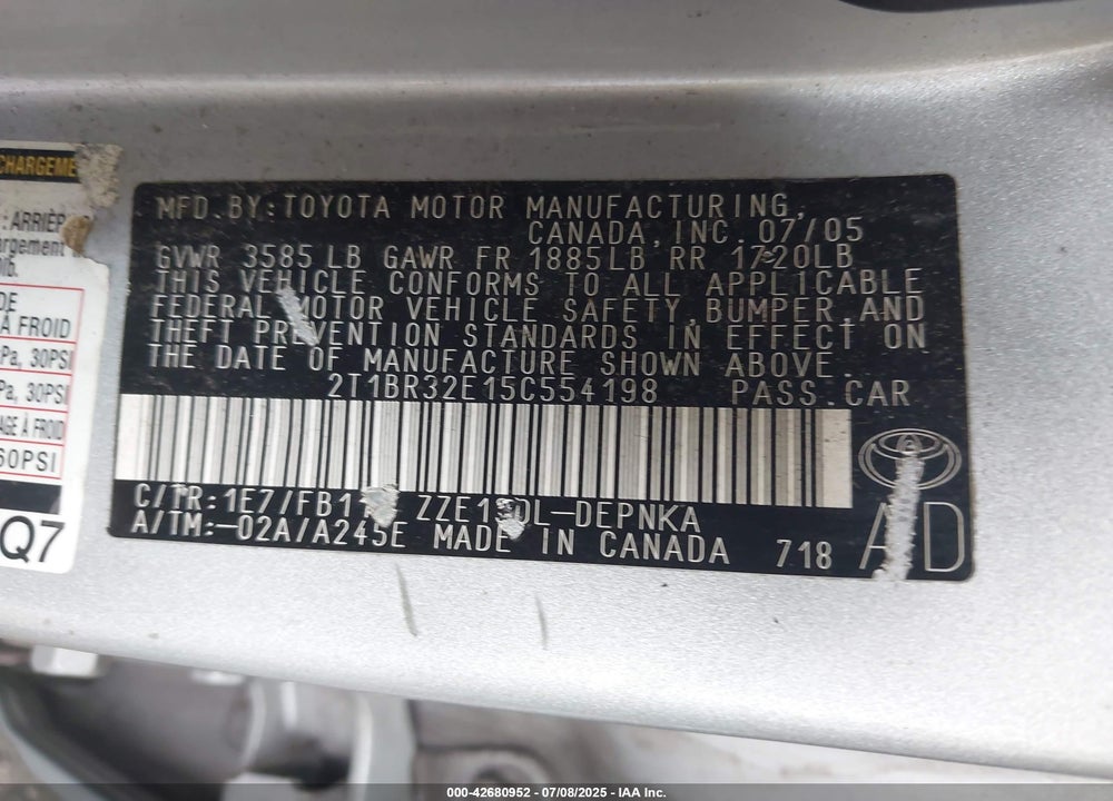 2005 TOYOTA COROLLA LE VIN: 2T1BR32E15C554198