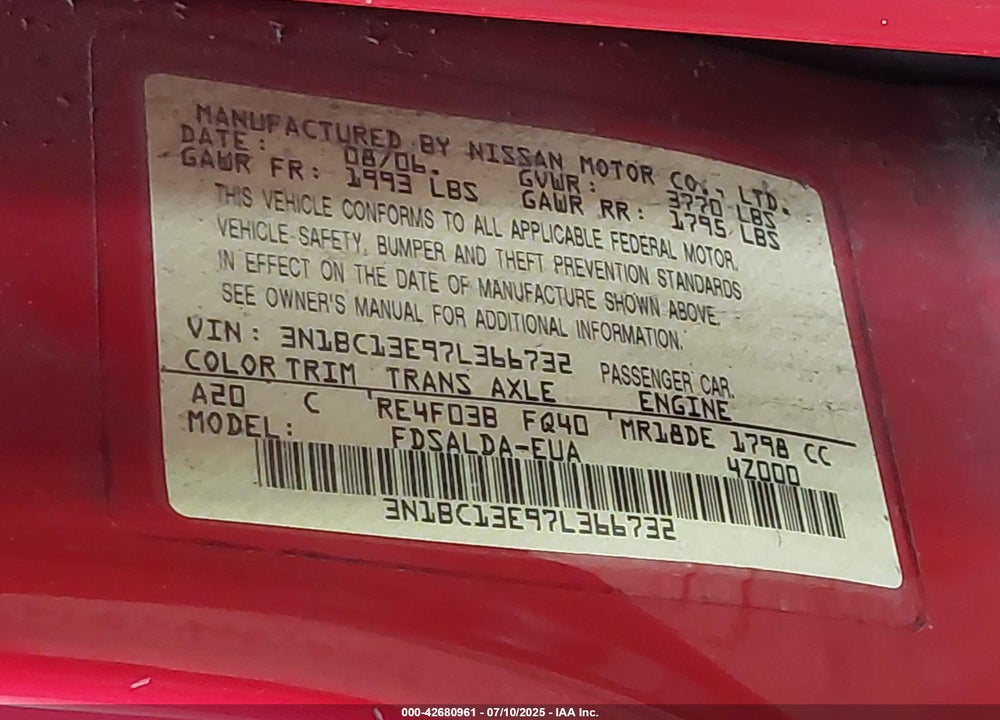 2007 NISSAN VERSA 1.8S VIN: 3N1BC13E97L366732