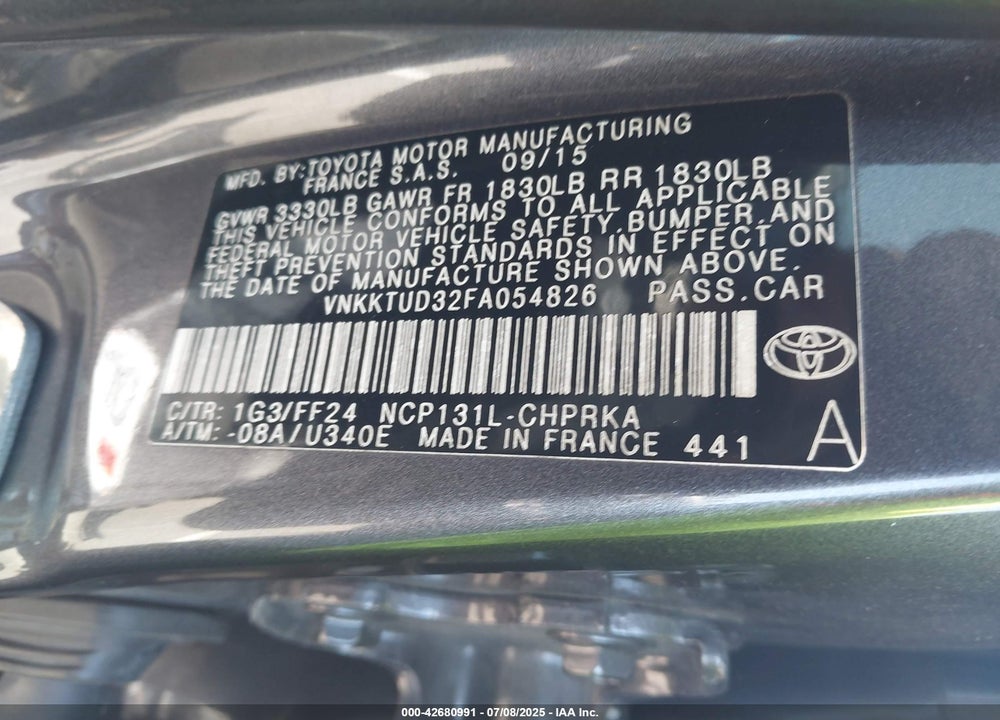 2015 TOYOTA YARIS VIN: VNKKTUD32FA054826