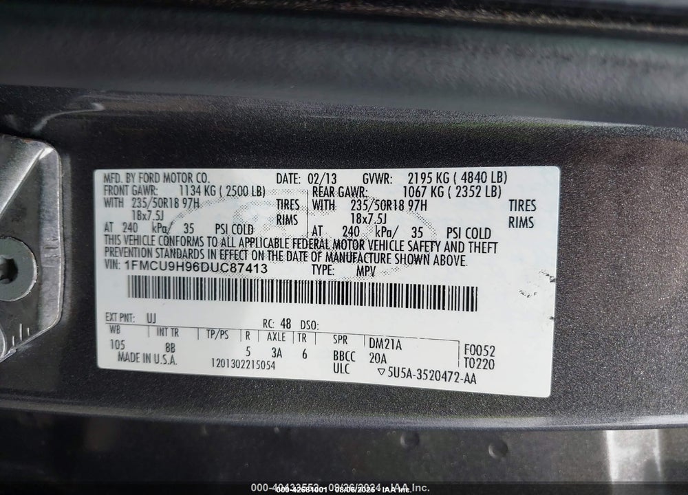2013 FORD ESCAPE VIN: 1FMCU9H96DUC87413
