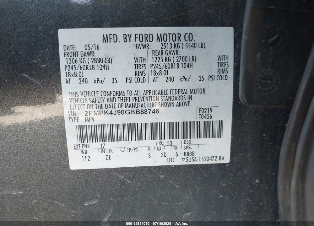 2016 FORD EDGE SEL VIN: 2FMPK4J90GBB88746