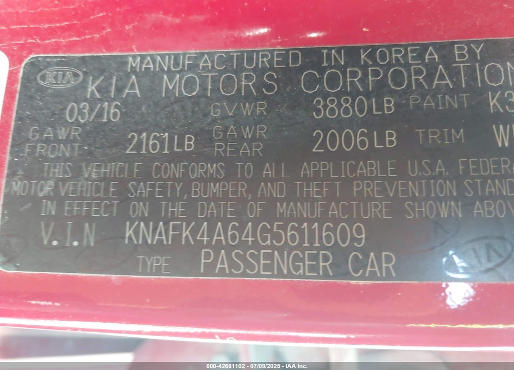 2016 KIA FORTE VIN: KNAFK4A64G5611609