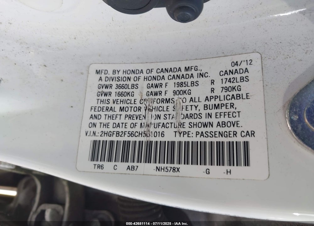 2012 HONDA CIVIC VIN: 2HGFB2F56CH561016