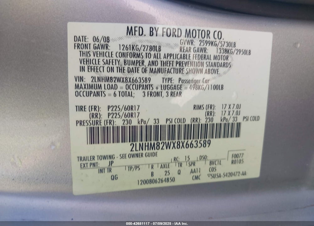 2008 LINCOLN TOWN CAR VIN: 2LNHM82WX8X663589