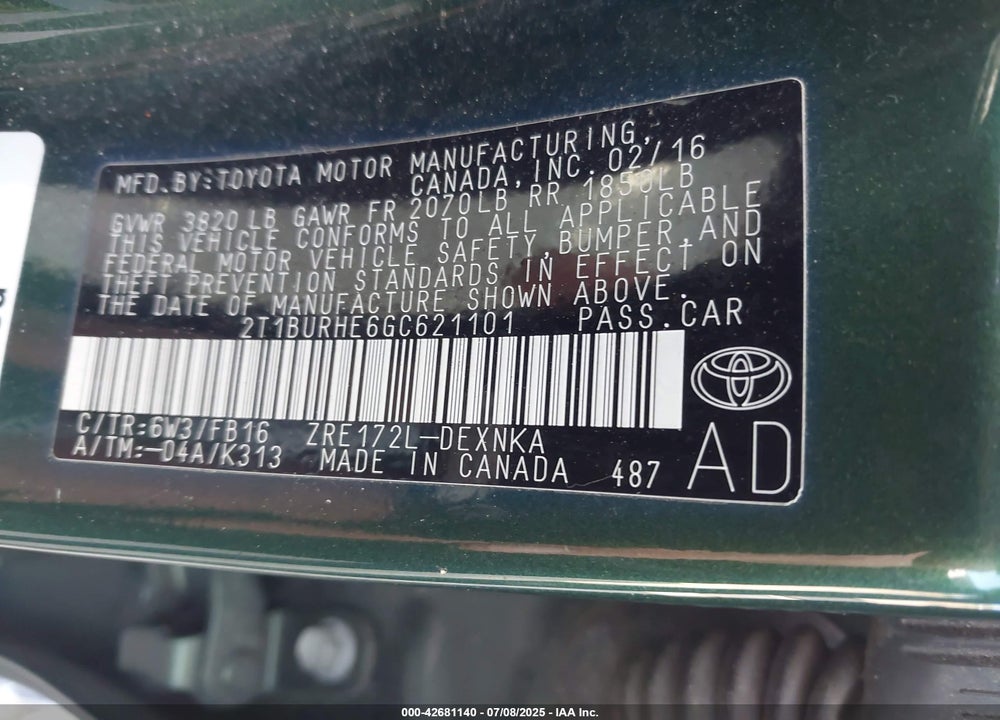 2016 TOYOTA COROLLA VIN: 2T1BURHE6GC621101