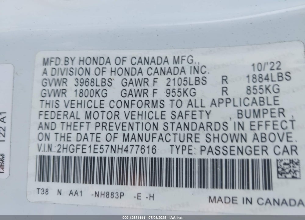 2022 HONDA CIVIC VIN: 2HGFE1E57NH477616