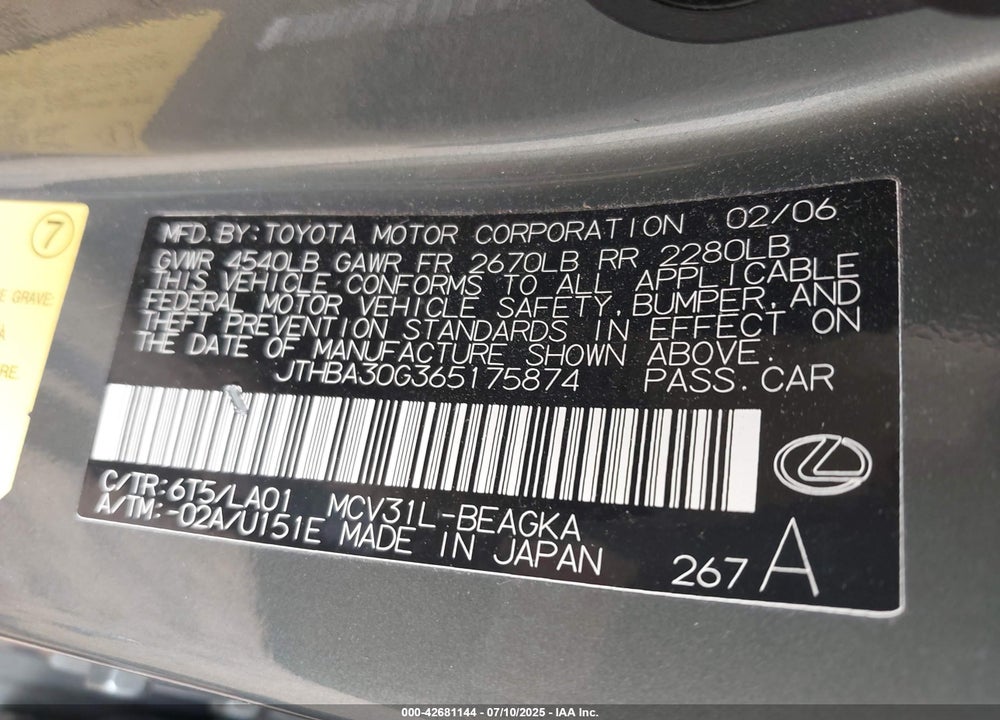 2006 LEXUS ES 330 VIN: JTHBA30G365175874