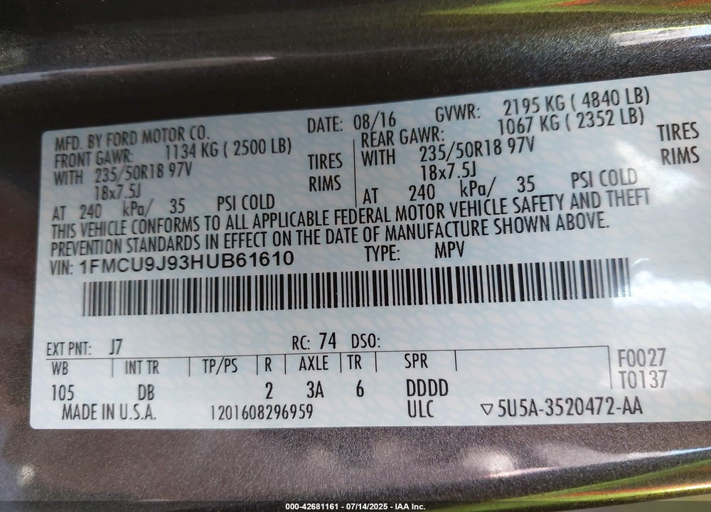 2017 FORD ESCAPE TITANIUM VIN: 1FMCU9J93HUB61610