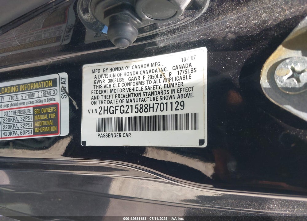 2008 HONDA CIVIC VIN: 2HGFG21588H701129