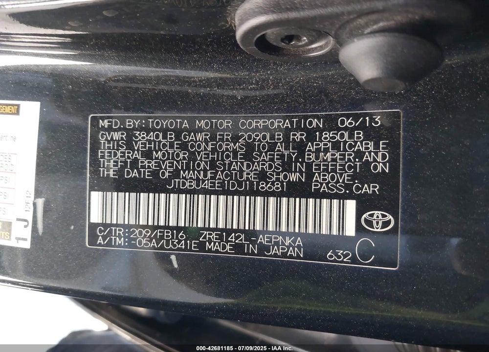 2013 TOYOTA COROLLA VIN: JTDBU4EE1DJ118681