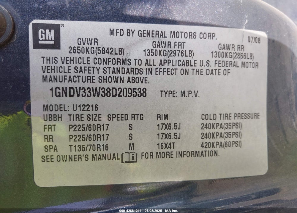 2008 CHEVROLET UPLANDER LT VIN: 1GNDV33W38D209538