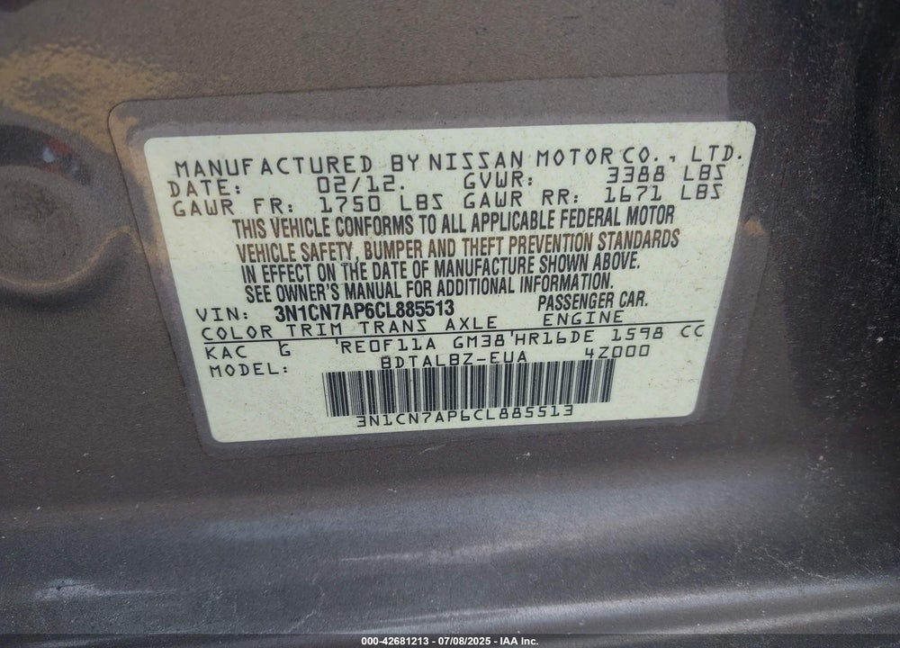 2012 NISSAN VERSA VIN: 3N1CN7AP6CL885513