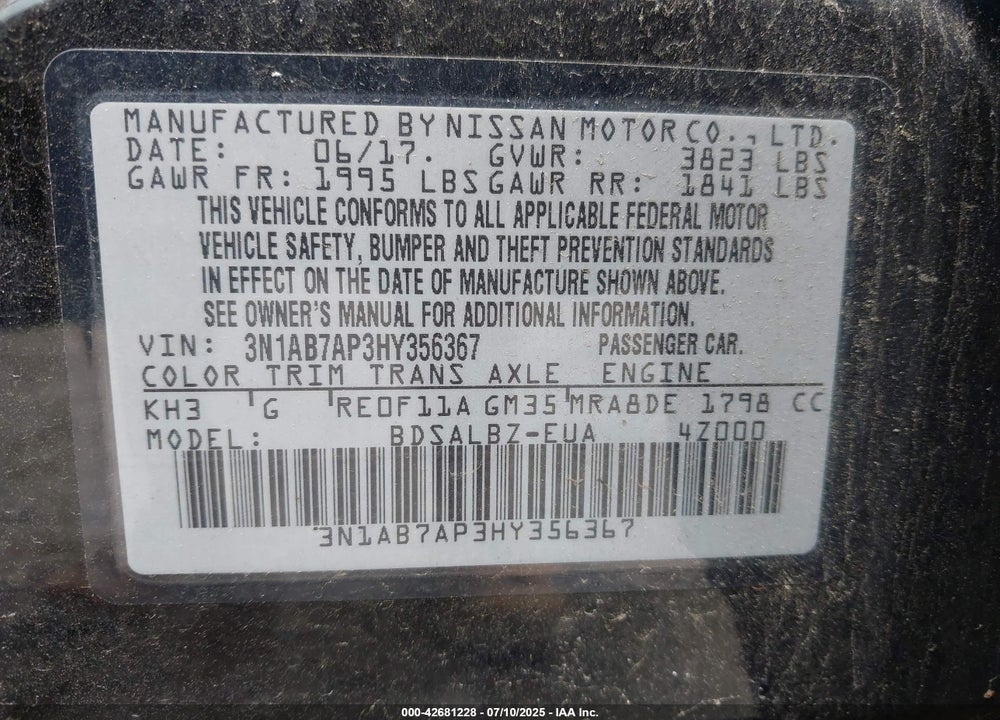 2017 NISSAN SENTRA VIN: 3N1AB7AP3HY356367