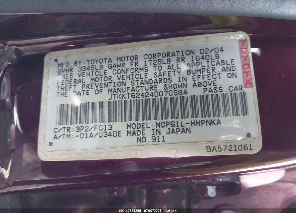 2004 SCION XA VIN: JTKKT624240070584