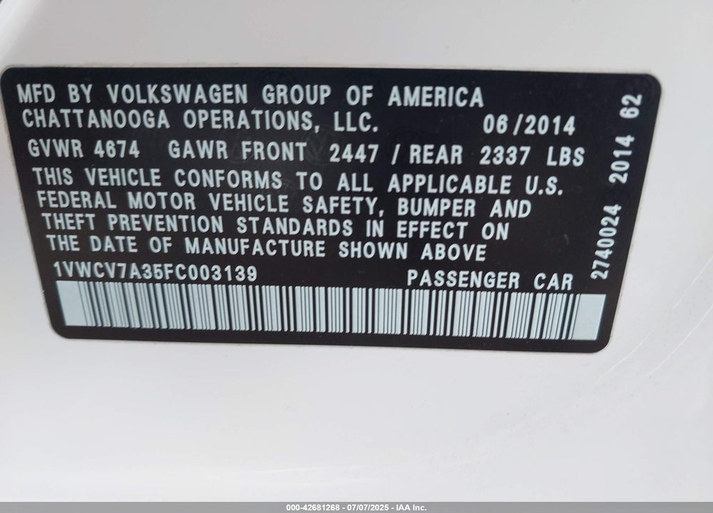 2015 VOLKSWAGEN PASSAT VIN: 1VWCV7A35FC003139