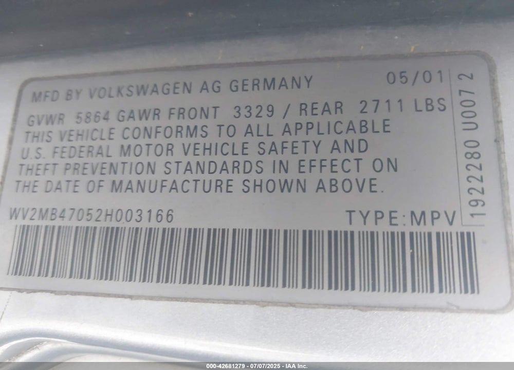 2002 VOLKSWAGEN EUROVAN MV VIN: WV2MB47052H003166
