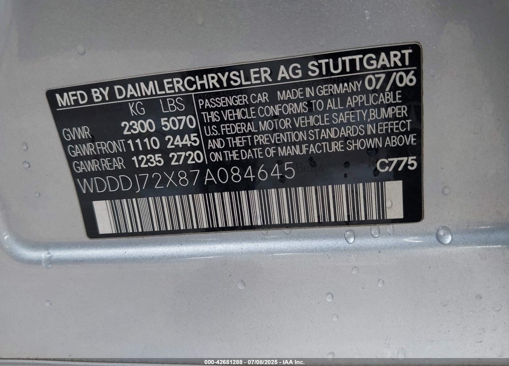 2007 MERCEDES-BENZ CLS CLASS VIN: WDDDJ72X87A084645