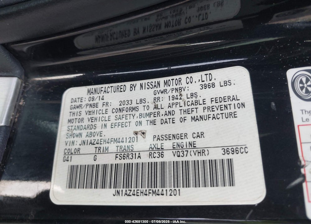 2015 NISSAN 370Z VIN: JN1AZ4EH4FM441201