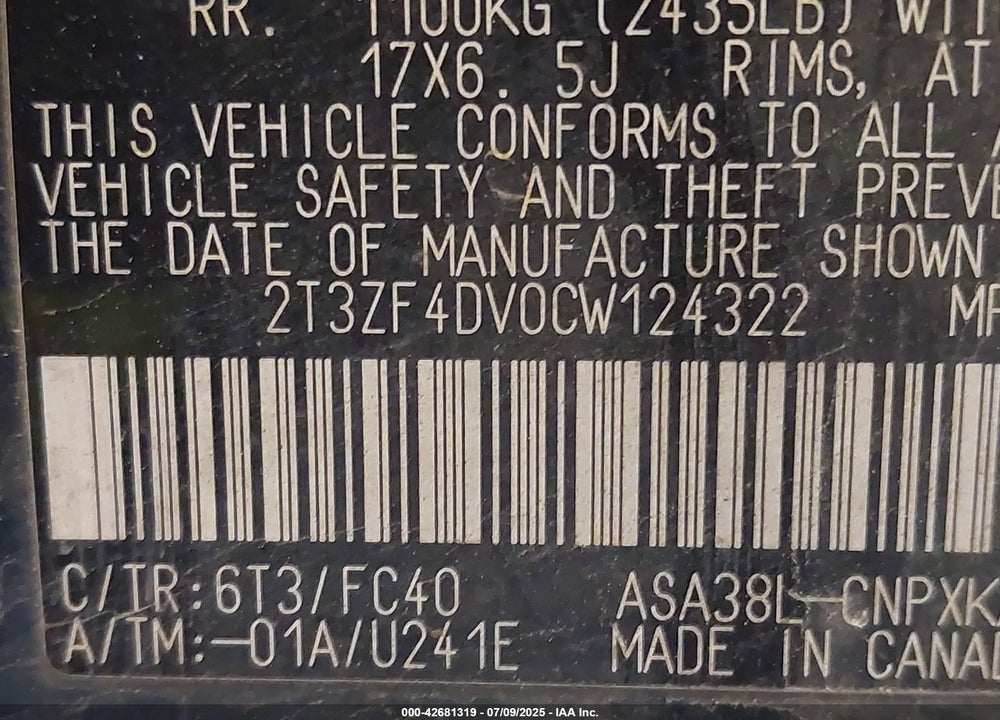 2012 TOYOTA RAV4 VIN: 2T3ZF4DV0CW124322