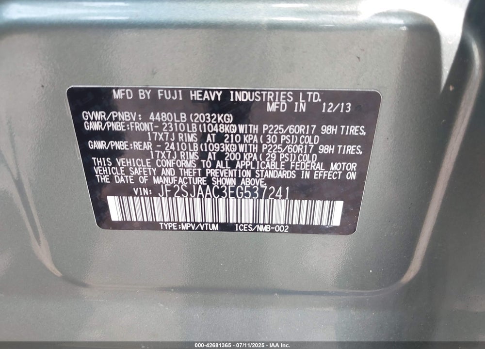 2014 SUBARU FORESTER 2.5I VIN: JF2SJAAC3EG537241