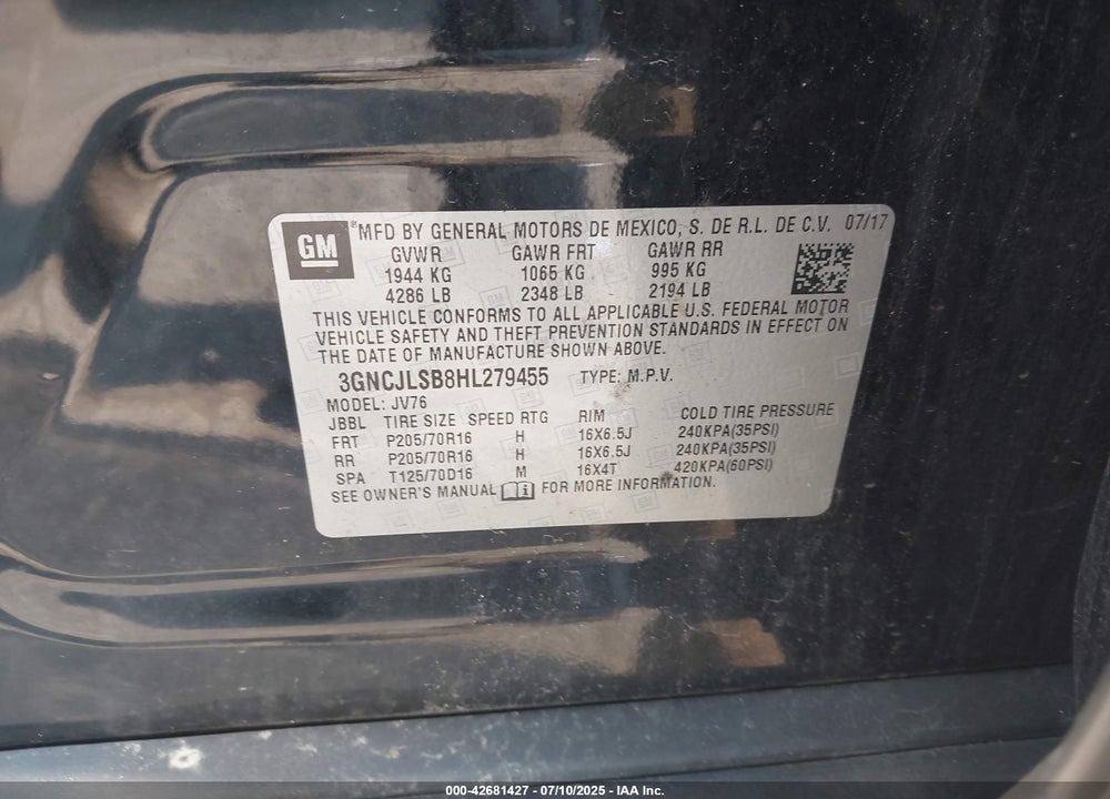 2017 CHEVROLET TRAX VIN: 3GNCJLSB8HL279455
