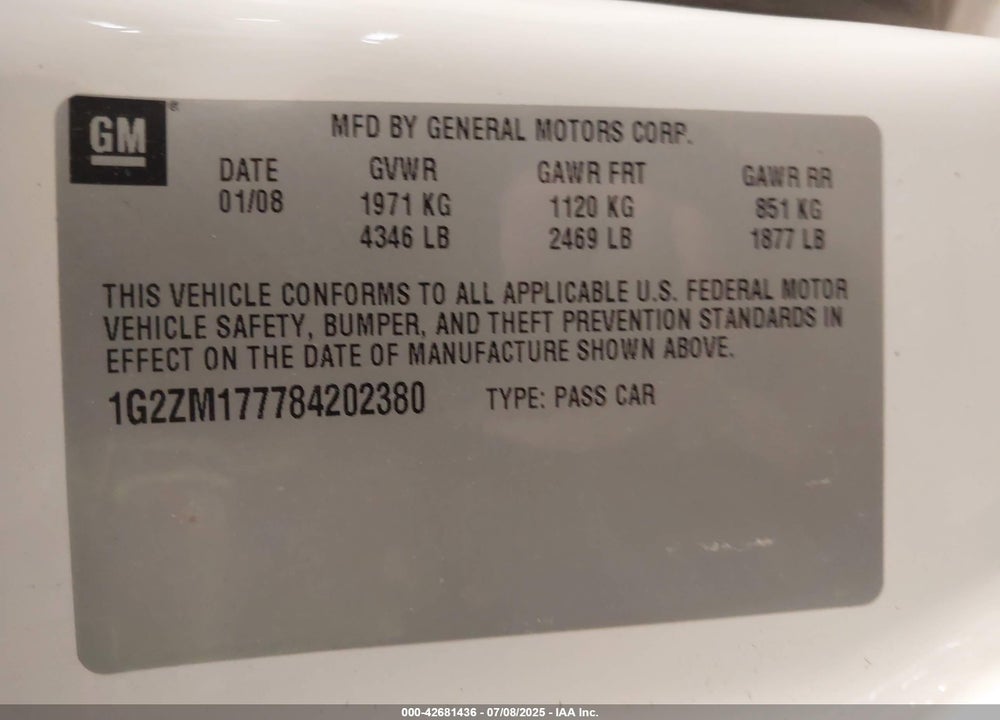 2008 PONTIAC G6 GXP VIN: 1G2ZM177784202380