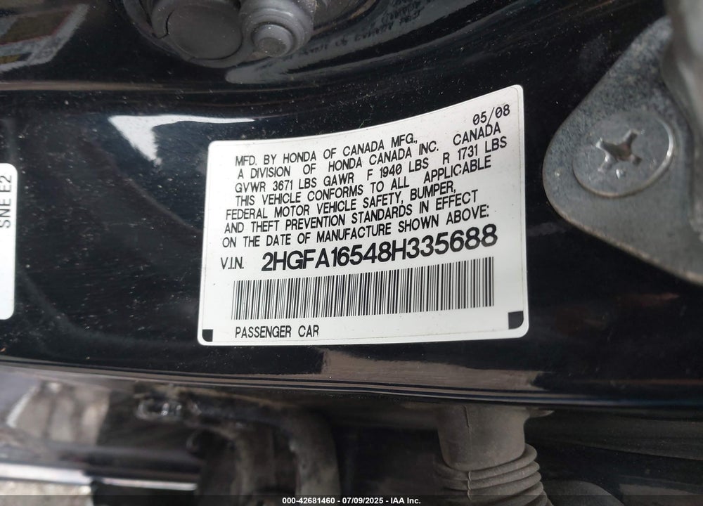 2008 HONDA CIVIC LX VIN: 2HGFA16548H335688
