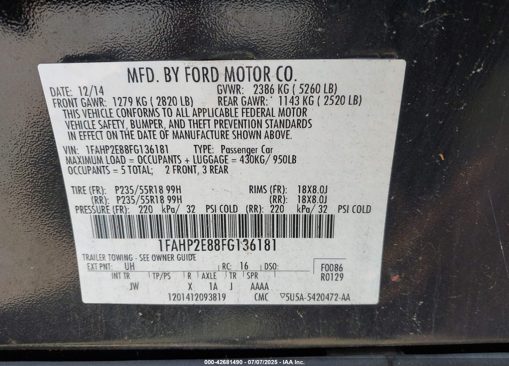 2015 FORD TAURUS VIN: 1FAHP2E88FG136181