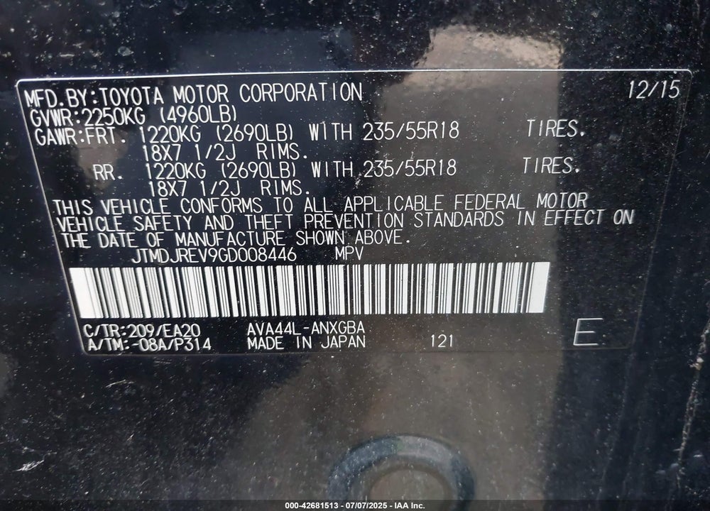 2016 TOYOTA RAV4 HYBRID VIN: JTMDJREV9GD008446