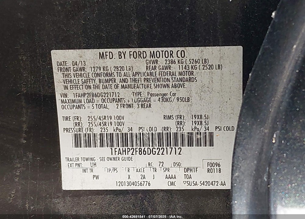 2013 FORD TAURUS LIMITED VIN: 1FAHP2F86DG221712