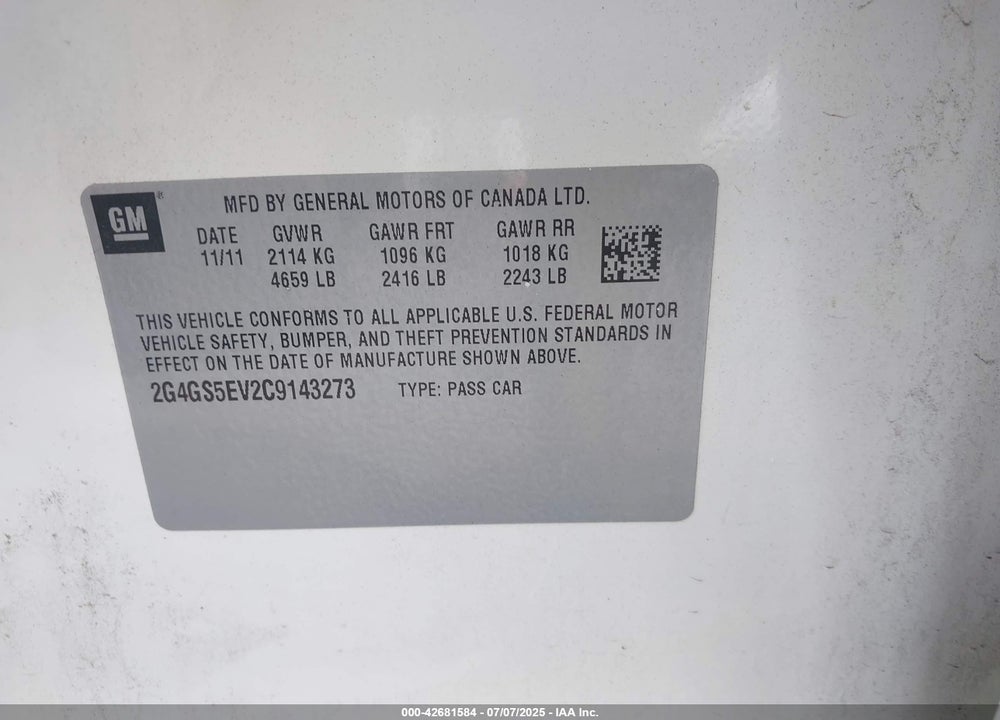 2012 BUICK REGAL VIN: 2G4GS5EV2C9143273