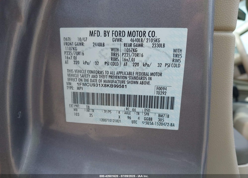 2008 FORD ESCAPE VIN: 1FMCU931X8KB99581