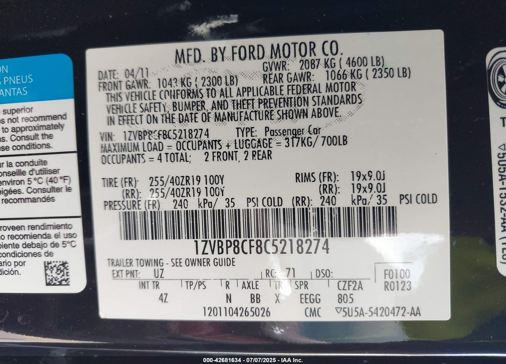 2012 FORD MUSTANG VIN: 1ZVBP8CF8C5218274
