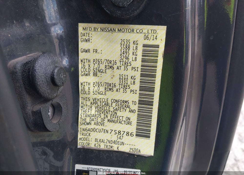 2014 NISSAN FRONTIER VIN: 1N6AD0CU7EN758786
