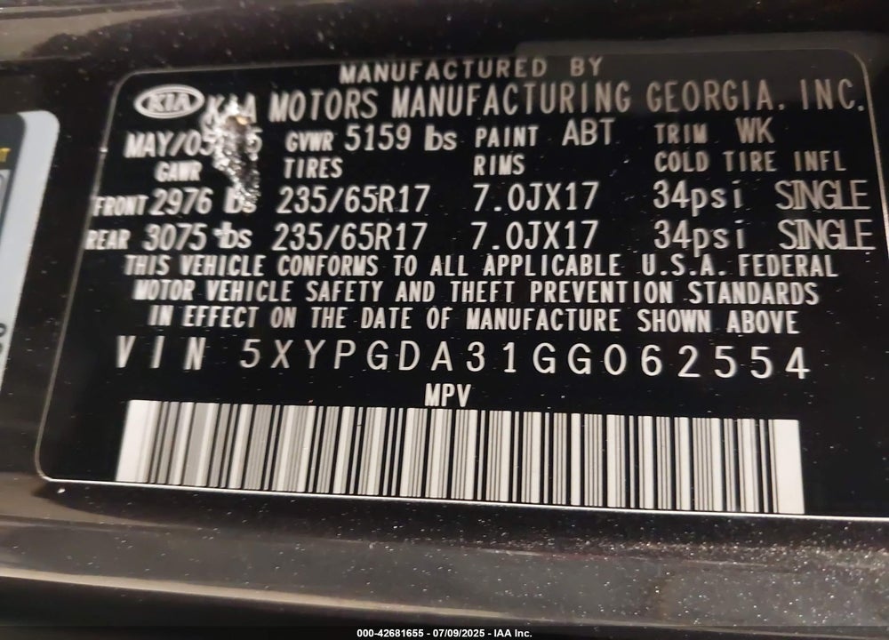 2016 KIA SORENTO VIN: 5XYPGDA31GG062554