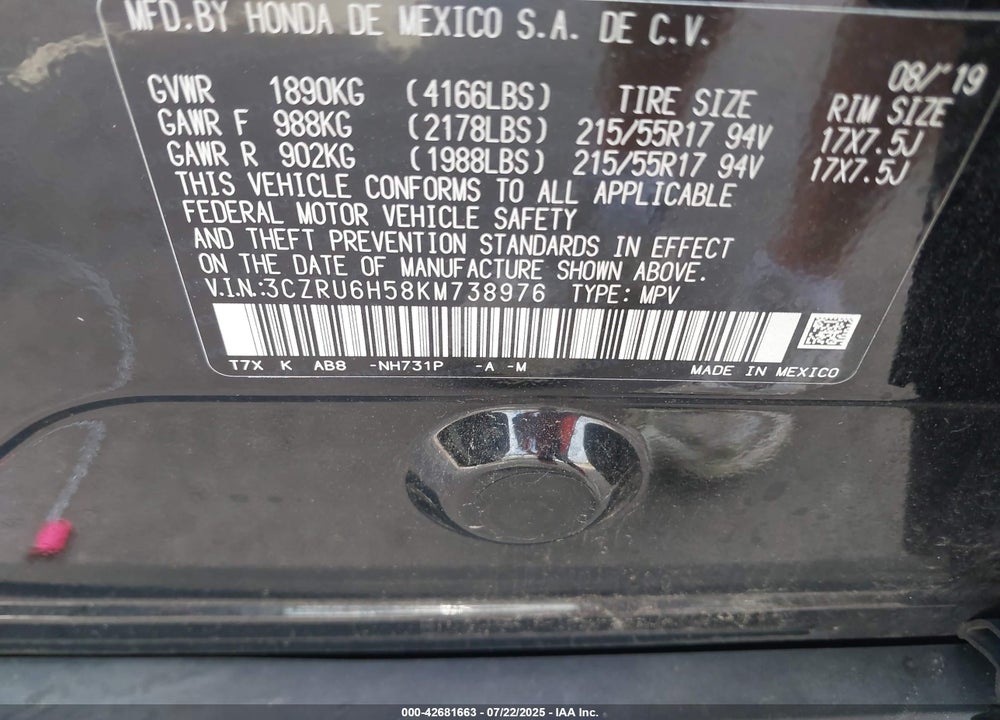 2019 HONDA HR-V VIN: 3CZRU6H58KM738976