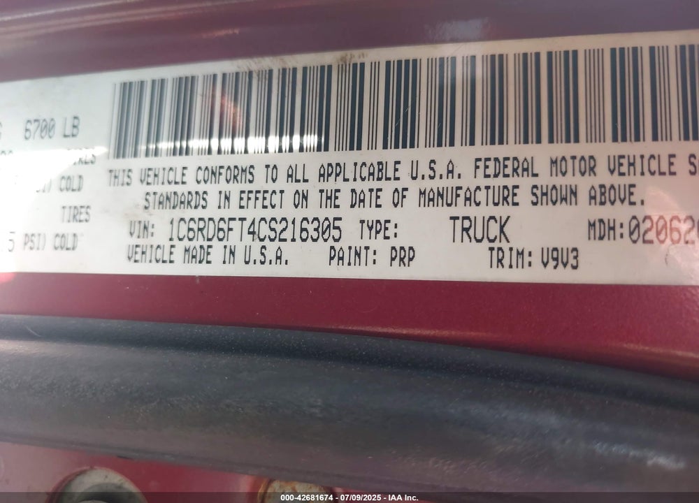 2012 RAM 1500 VIN: 1C6RD6FT4CS216305